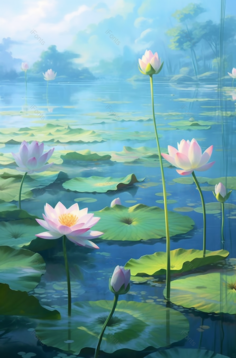 夏天夏季山林间荷塘池塘湖泊荷花荷叶莲花植物绿色背景插画,插画/手绘图,插画/手绘图库,插画/手绘图下载,插画/手绘